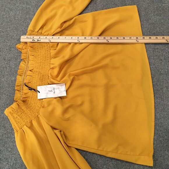 NEW andthewhy Women Sz M Blouse Yellow Mustard Long Sleeve Off The Shoulder Boho - Picture 9 of 12